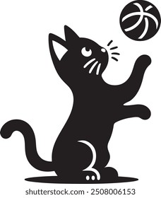 Ilustración vectorial de silueta de lindo gato jugando con una pelota. Esquema de gatito con bola.