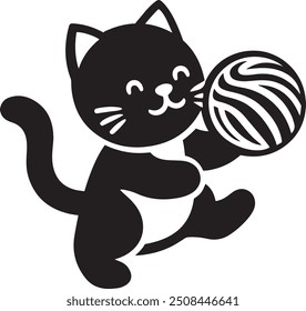 Silhouette vector illustration of cute cat playing with a ball. Kitten outline with ball.