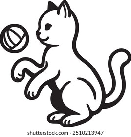 Silhouette vector illustration of cute cat playing with a ball outline. Kitten playing with ball.