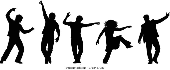 Ilustración vectorial de la silueta de la gente que baila, poses enérgicas, movimiento artístico, celebración, libertad, estilo de vida juvenil, figuras negras sobre fondo blanco, concepto de baile expresivo, diseño editable.