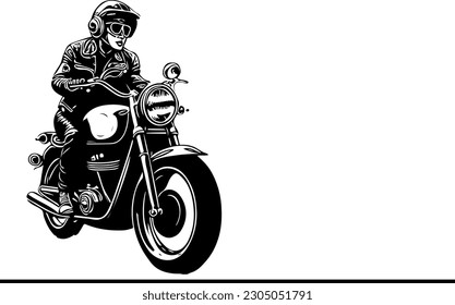 Silhouette Vector Illustration of a Dashing Man Riding an Old Retro Vintage Motorcycle