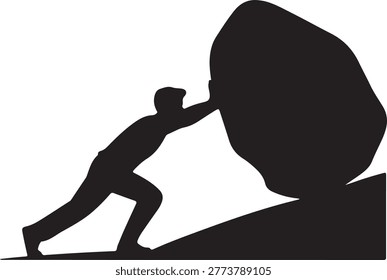 Silhouette vector illustration of a determined individual straining to push an enormous rock forward with effort and strength.