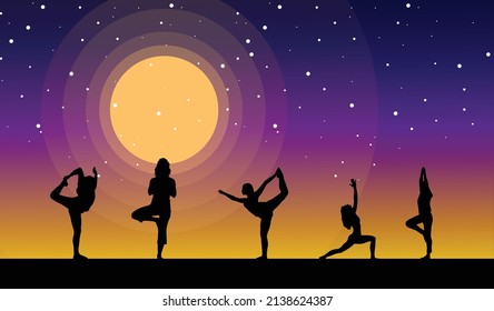 Silhouette vector illustration doing yoga, bicycle, at dawn.