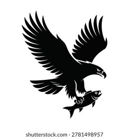 Silhouette Vector Illustration of an Eagle Catching a Fish