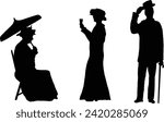 Silhouette vector illustration of Edwardian or Victorian figures comprising Seated Lady with parasol, standing lady with champagne glass and man raising hat. Isolated on white