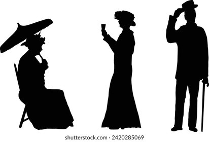 Silhouette vector illustration of Edwardian or Victorian figures comprising Seated Lady with parasol, standing lady with champagne glass and man raising hat. Isolated on white