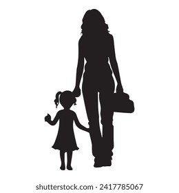 Silhouette vector illustration of a family holding hands. A happy and harmonious family. Black and white family vector.