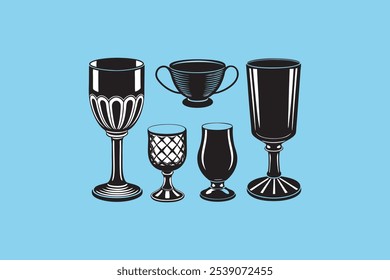 Ilustração de vetor de silhueta com os copos mais populares, perfeito para projetos relacionados a bebidas, menus e gráficos com tema de barras.