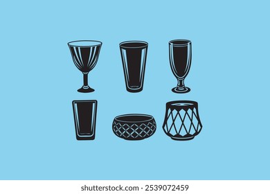 Ilustração de vetor de silhueta com os copos mais populares, perfeito para projetos relacionados a bebidas, menus e gráficos com tema de barras.