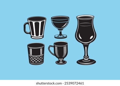 Ilustração de vetor de silhueta com os copos mais populares, perfeito para projetos relacionados a bebidas, menus e gráficos com tema de barras.