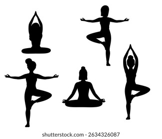 Silhouette vector illustration of five women practicing yoga in various poses. Minimal style, focus on balance, meditation, and healthy lifestyle