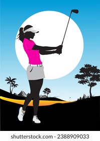 Silhouette vector illustration of golf course and golfer in artistic style arrangement.