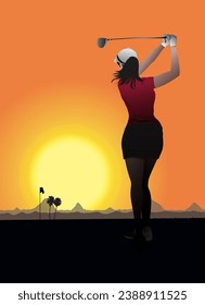 Silhouette vector illustration of golf course and golfer in artistic style arrangement.