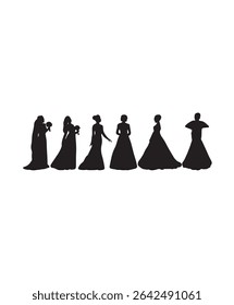 Silhouette vector illustration of a group of fashionable women in stylish dresses posing. eps