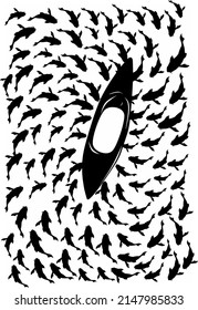 Silhouette vector illustration of a group of fish circling a canoe in the sea