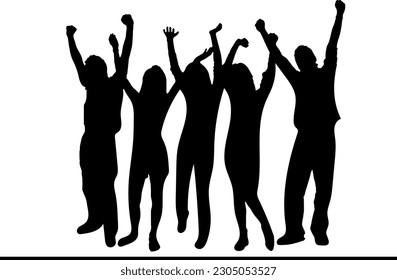 Silhouette Vector Illustration of a Group of Happy People Raising Their Hands to Show Their Joy