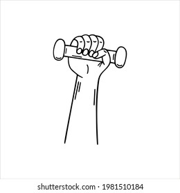 Silhouette vector illustration of hand lifting up steel dumbbell isolated on white background. Hand drawn doodle style for fitness illustration job, logo or other design. EPS 10.