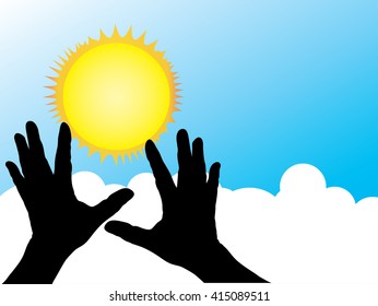 Silhouette of vector illustration of hands reaching into the sky against the sun
