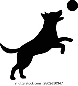 Silhouette vector illustration of a happy dog in mid-air, ready to catch a ball, showcasing energetic playful animal action.