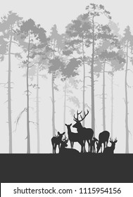 silhouette, vector illustration of a herd of deer against a coniferous forest background