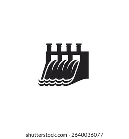 Silhouette vector illustration of a hydroelectric dam icon on a white background.