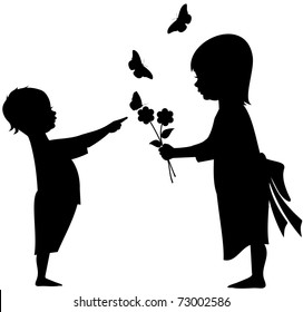 Silhouette vector illustration of an infant with a young girl offering flowers with butterflies