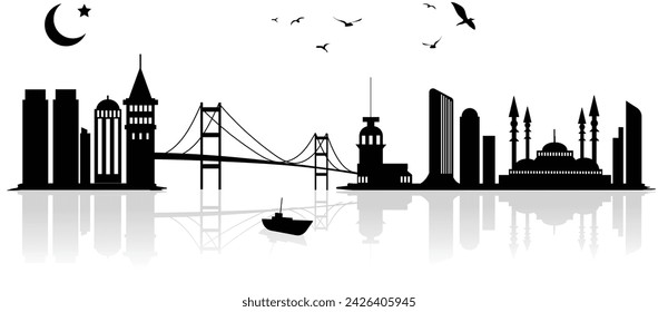 Silhouette Vector Illustration Landmarks and Modern Architecture of Istanbul, Turkiye. Galata Tower, Maiden Tower, and Istanbul Bosphorus Bridge. It’s for banner, poster, website, social media.