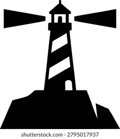 Silhouette vector illustration of a lighthouse on a rocky outcrop emitting bright light beams, guiding ships through dark waters.