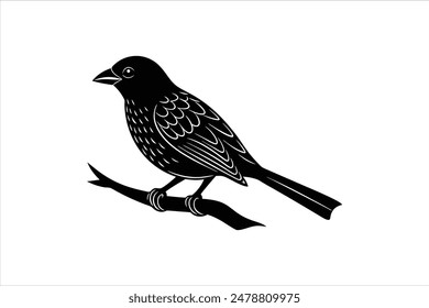 Ilustración vectorial de silueta de un pájaro tángara linocut posado con gracia en una rama, capturado en llamativas obras de arte en blanco y negro.