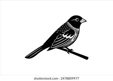 Ilustración vectorial de silueta de un pájaro tángara linocut posado con gracia en una rama, capturado en llamativas obras de arte en blanco y negro.