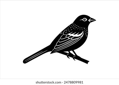 Ilustración vectorial de silueta de un pájaro tángara linocut posado con gracia en una rama, capturado en llamativas obras de arte en blanco y negro.