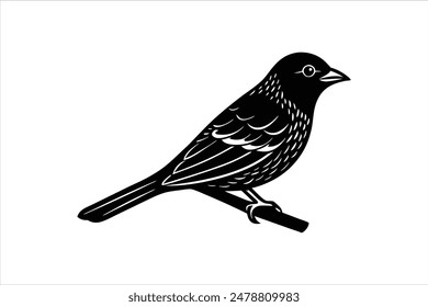 Ilustración vectorial de silueta de un pájaro tángara linocut posado con gracia en una rama, capturado en llamativas obras de arte en blanco y negro.