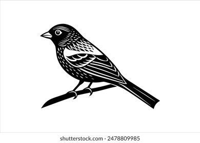 Ilustración vectorial de silueta de un pájaro tángara linocut posado con gracia en una rama, capturado en llamativas obras de arte en blanco y negro.