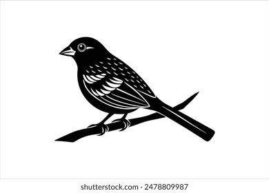 Ilustración vectorial de silueta de un pájaro tángara linocut posado con gracia en una rama, capturado en llamativas obras de arte en blanco y negro.