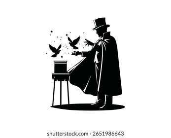 silhouette vector illustration of a magician isolated with white background
