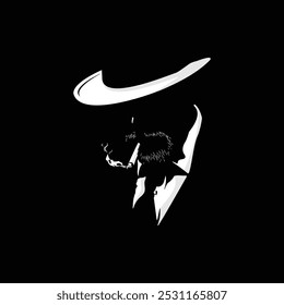 Ilustración vectorial de la silueta del hombre en el sombrero que fuma en el fondo negro aislado oscuro, decoración negra de la pared del fondo.