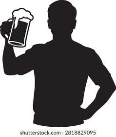Silhouette vector illustration of a man holding a large frothy beer mug isolated on white background for pub menu design