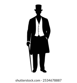 A Silhouette Vector Illustration of a Man in Top Hat and Suit with Cane Walking Isolated on a White Background. Man Face Silhouette Vector Illustration