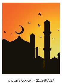 Silhouette vector illustration of Muslim mosque with sunset sky and birds flying in the background