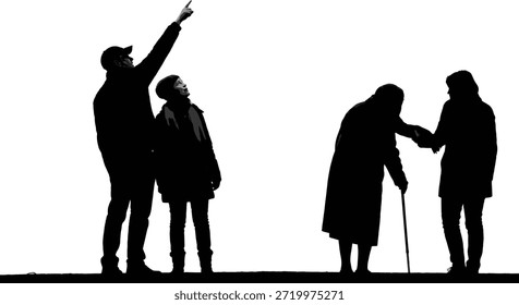 Ilustración vectorial de la silueta de las personas que interactúan, señalando, ayudando a los ancianos, mostrando curiosidad, guía, cuidado, Asistencia y conexión generacional en estilo blanco y negro, aislado sobre fondo blanco.