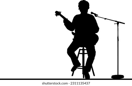 Silhouette vector illustration of rock star singer performing with guitar and mic