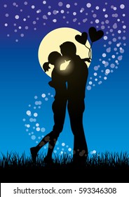 Silhouette vector illustration of romantic lovers kissing couple in a field of grass at moonlight