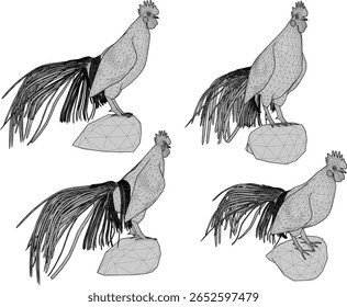 silhouette vector illustration of a rooster animal design serama with a beautiful tail standing proudly crowing long and loud