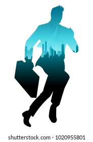 Silhouette vector illustration of a running businessman with double exposure cityscape decoration 