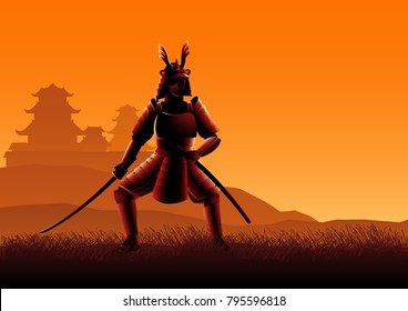 Silhouette vector illustration of a Samurai on grassland