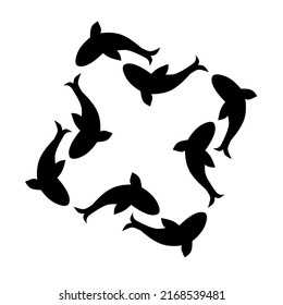 Silhouette vector illustration of a school of fish. A group of fish swimming in a circle. Marine animal colony life. Isolated on a white background. Great for marine logos.