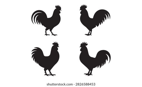 A Silhouette vector illustration set of four chicken rooster birds silhouettes including white background.