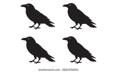 A Silhouette vector illustration set of four crow bird birds silhouettes including white background.