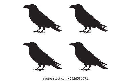 A Silhouette vector illustration set of four crow bird birds silhouettes including white background.