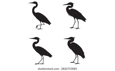 A Silhouette vector illustration set of four Heron birds silhouettes including white background.